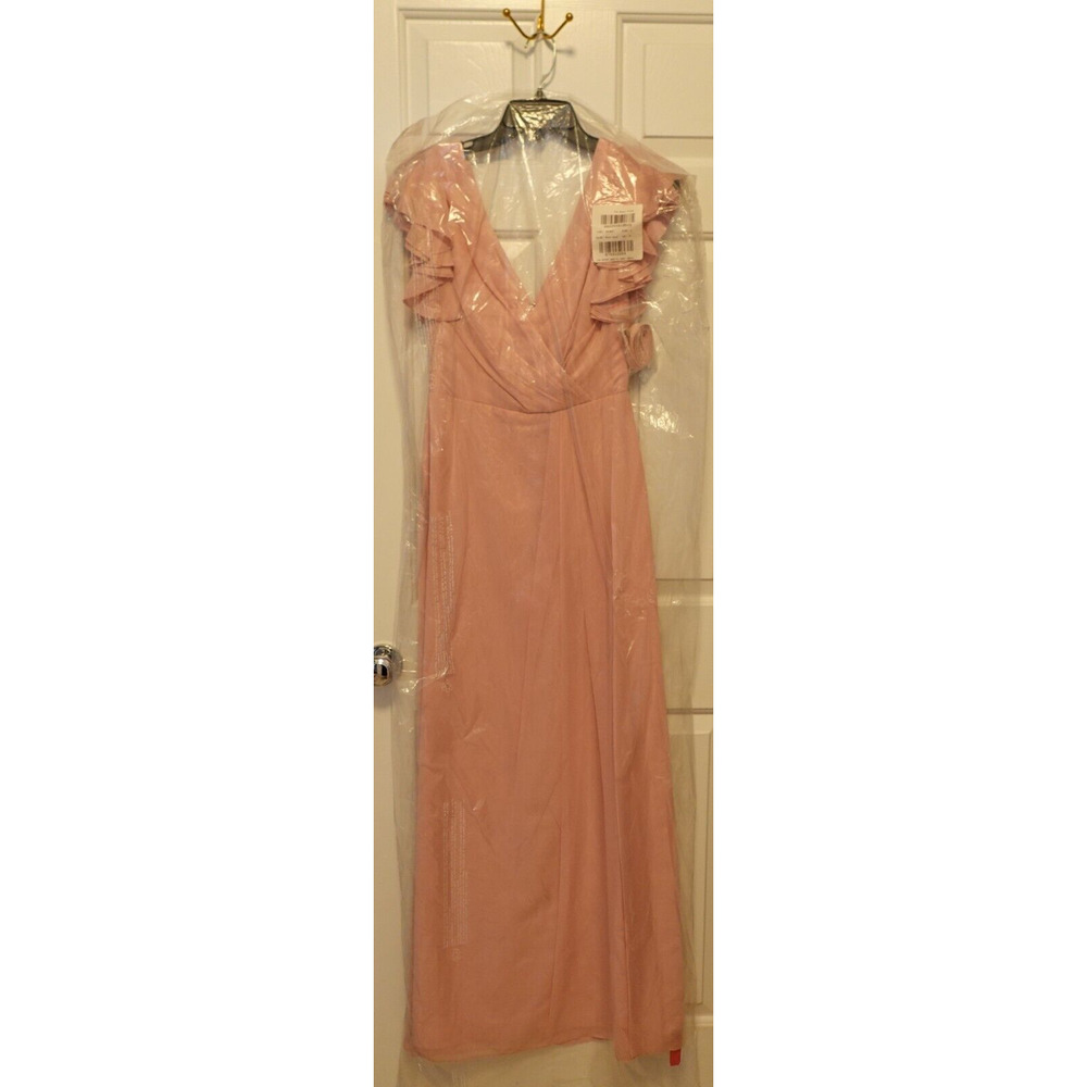 Dessy Collection 2874LS Sz 4 Shimmer V Neck Wrap Maxi Dress Rose Gold New